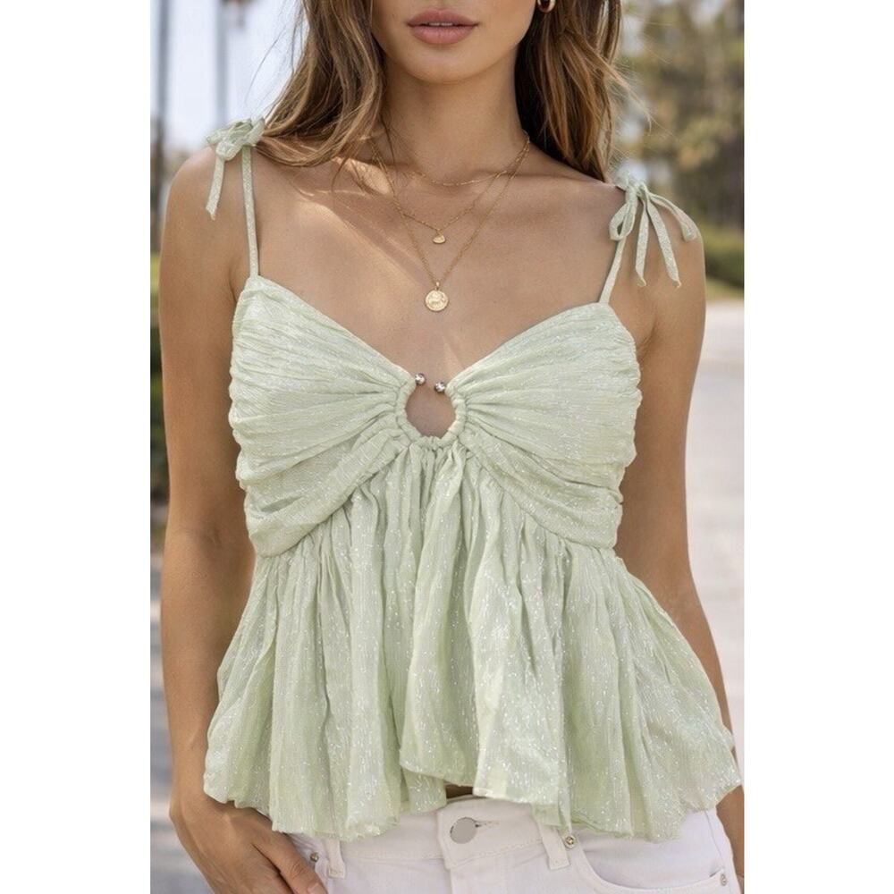 Parker Babydoll Ruffle Tank Top Women XL Light Green Ruched Keyhole Peplum New